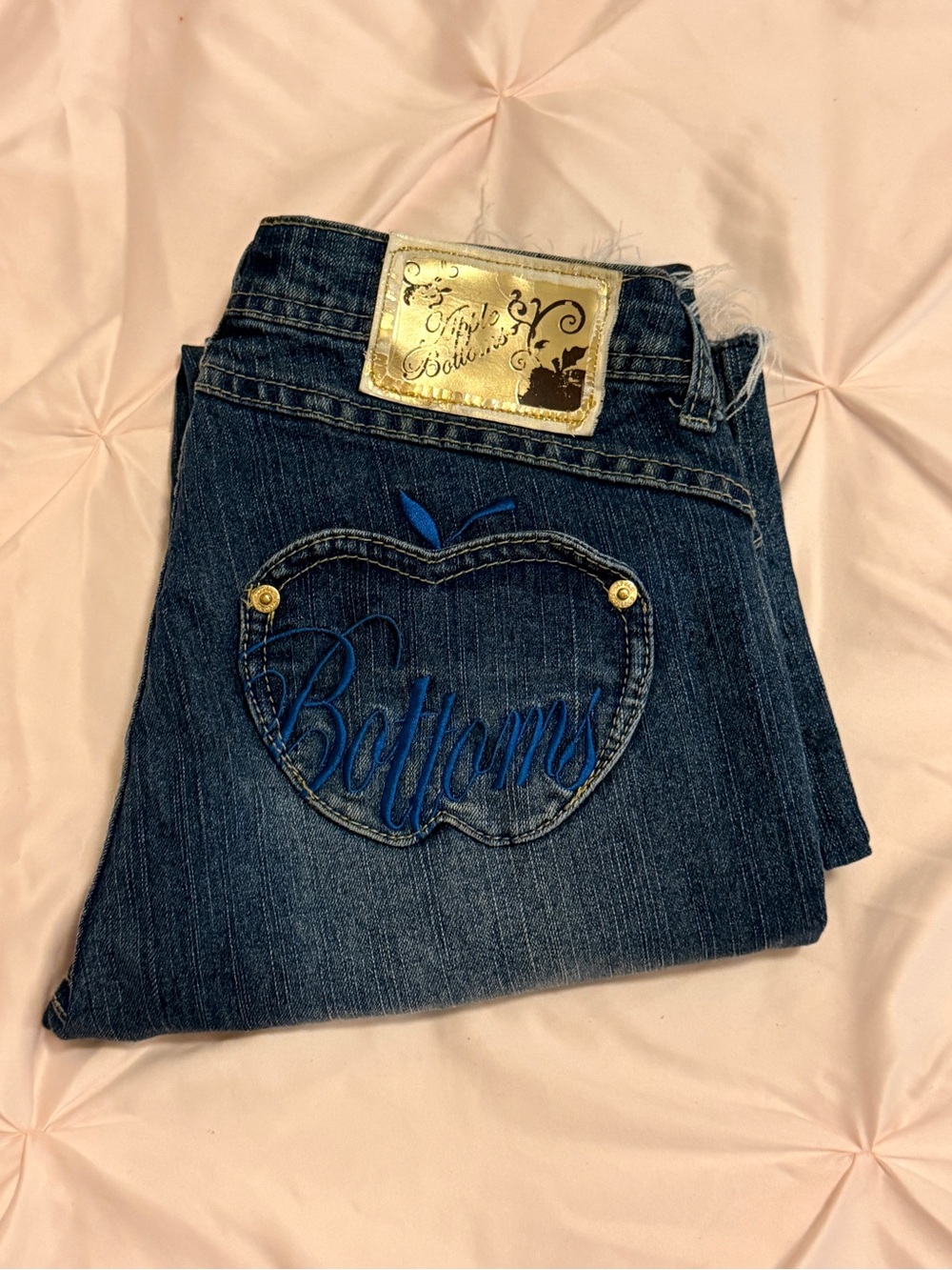 Apple Bottoms Dark Blue Denim Jeans with Blue Embroidered Apple and Gold Patch